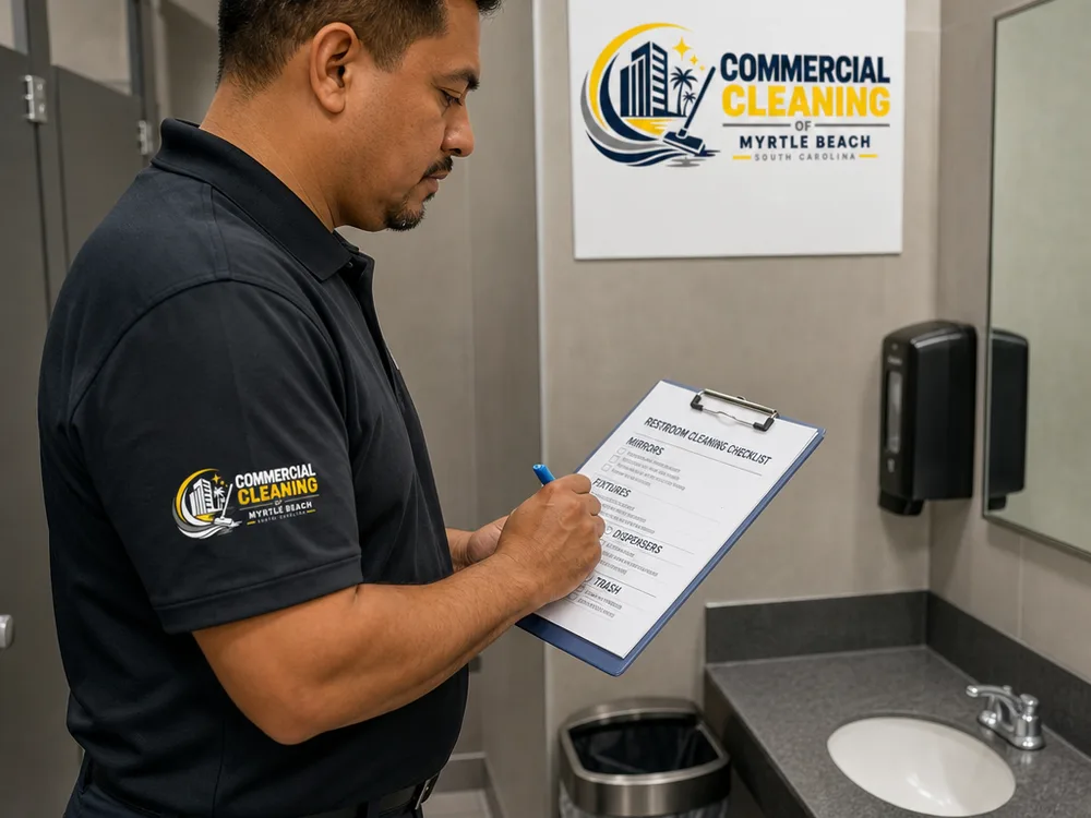 Cleaning supplies and equipment ready for a commercial visit